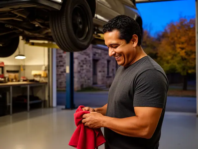 An auto-repair shop owner in a service bay under a lifted car.