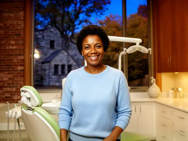 A dentist standing beside a dental chair.