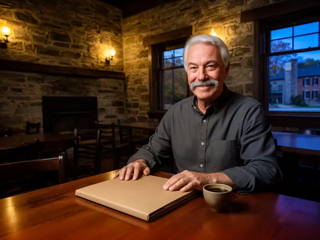A restaurant owner seated with a folder in an empty dining room before opening.