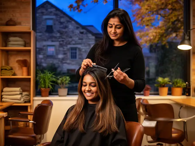 A stylist finishing a client's hair in a bright salon.